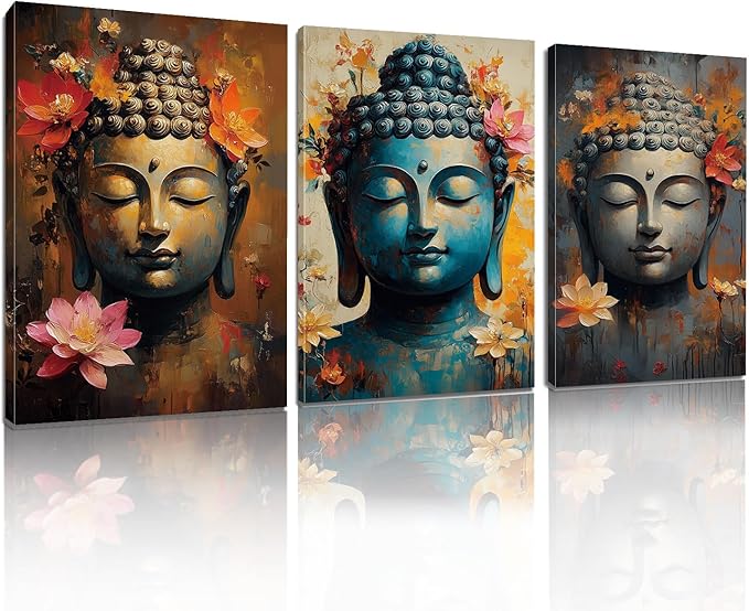 Findbeauty Buddha Canvas Wall Art, Floral Buddha Canvas Print, Zen Meditation Wall Decor, 3 Pcs Buddhist Pictures, Inspirational Wall Decor, Spiritual Wall Art for Living Room (16" x 24" x 3 pcs)