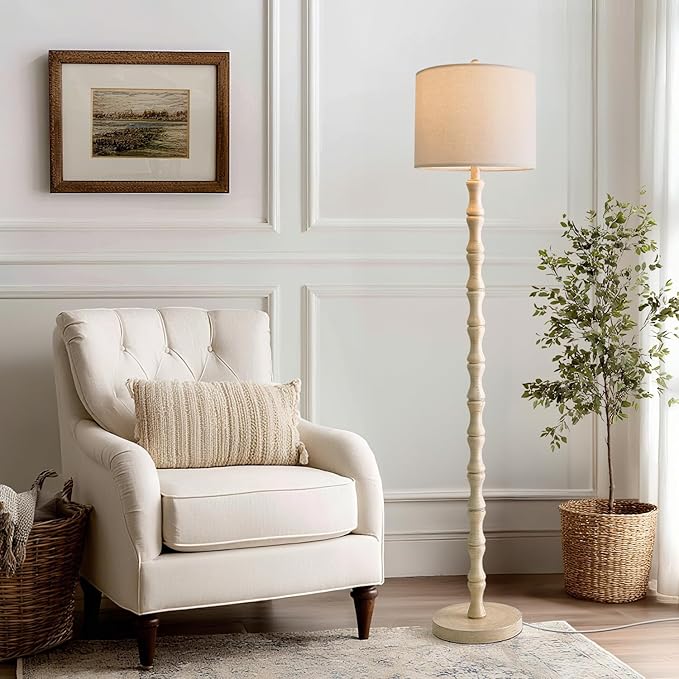 BOBOMOMO 62" Rustic Floor Lamp, Retro Farmhouse Standing Lamp with Rotary Switch, Resin Antique White Floor Lamp for Living Room, Bedroom, Corner, Dining Room, Nursery, Cozy Home Décor
