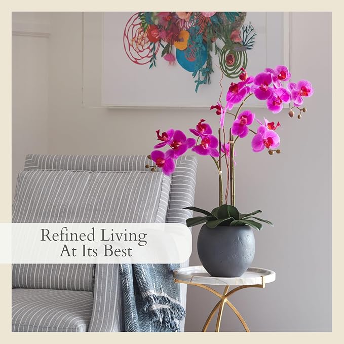 CG Hunter Faux Pink Orchid Plant, Premium Artificial Indoor Flower Display Stands 23-Inches with Beautiful Sculptural Blooms and Foliage That Lasts Forever, Grey Planter Pot Included