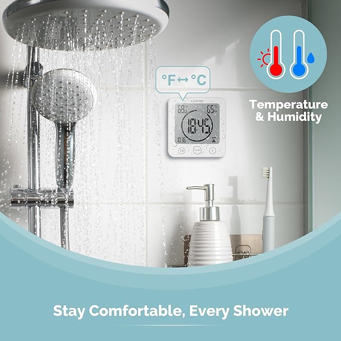 KADAMS Shower Clock Waterproof Bathroom Timer – Digital Wall Clock with Countdown, Magnetic Kitchen Clock with Temperature & Humidity, Suction Cup for Kids Shower Spa Sauna Cook Bath, White