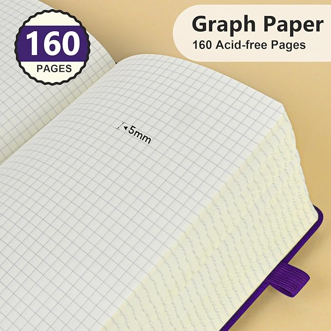 Graph Paper Notebook, 160 Pages Grid Journal for women & men, A5 Hardcover Leather Graphing Notebook for School, Work, Travel, Note Taking 5.9”x8.5” (Purple)