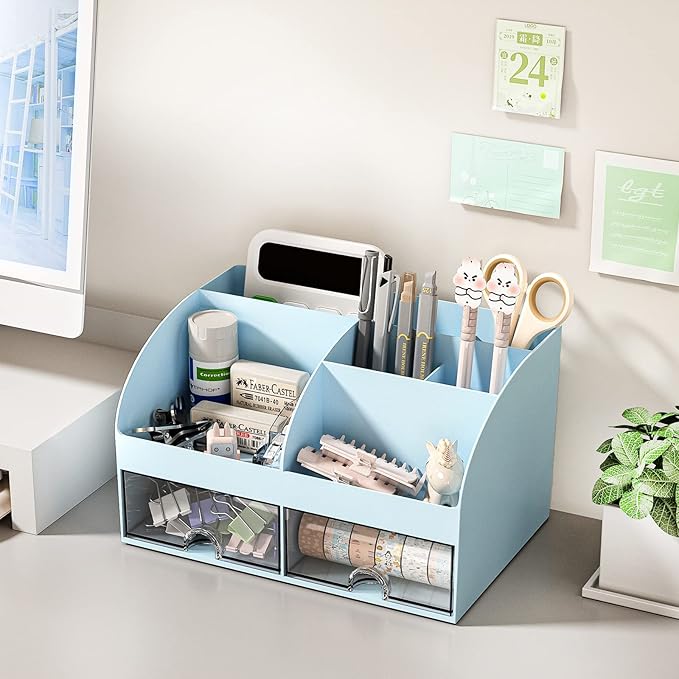 Desk Organizer with 6 Compartments and 2 Drawers, Plastic Makeup Organizer, Pen Holder for Desktop Storage, Desk Organization for School, Home, Office Supplies (Blue)