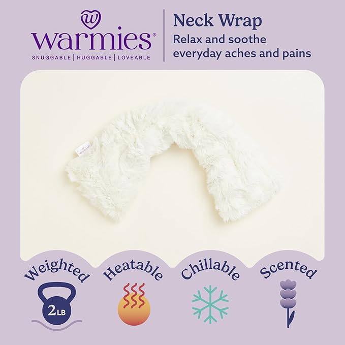 warmies Microwavable Neck & Shoulder Wrap - Heating & Cooling Plush Pad for Calming Relaxation - Weighted & Heated Neck Warmer with Scented Lavender - Microwave Heat Pad for Aches & Pain - Cream