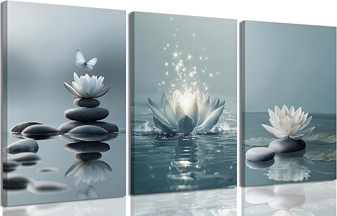 3Pcs Zen Stones Lotus Spa Canvas Wall Art White Lotus Blooming on Stones Painting Picture Wall Decor Modern Spiritual Poster Print Artwork for Yoga Meditation Spiritual Room Bathroom Home Decoration