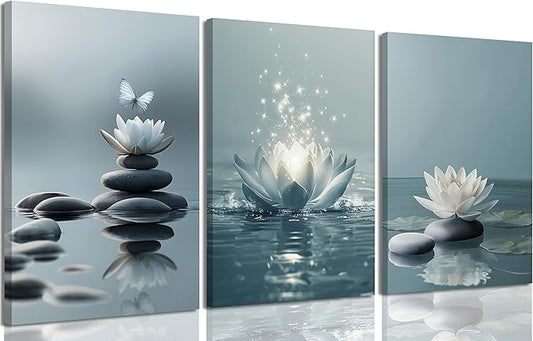 3Pcs Zen Stones Lotus Spa Canvas Wall Art White Lotus Blooming on Stones Painting Picture Wall Decor Modern Spiritual Poster Print Artwork for Yoga Meditation Spiritual Room Bathroom Home Decoration