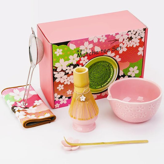 7 Pcs Matcha Whisk Kit, Cherry Blossom Matcha Set for Beginners and Enthusiasts with Bowl, Whisk and Holder, Bamboo Scoop, Scoop Rest, Sifter, and Towel, Perfect as a Gift