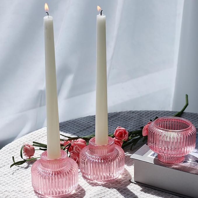 Woho Pink Candlestick Holders for Taper Candles Set of 4, Glass Taper Candle Holders Bulk for Birthday Party, Tea Lights Candle Holder for Wedding Festival