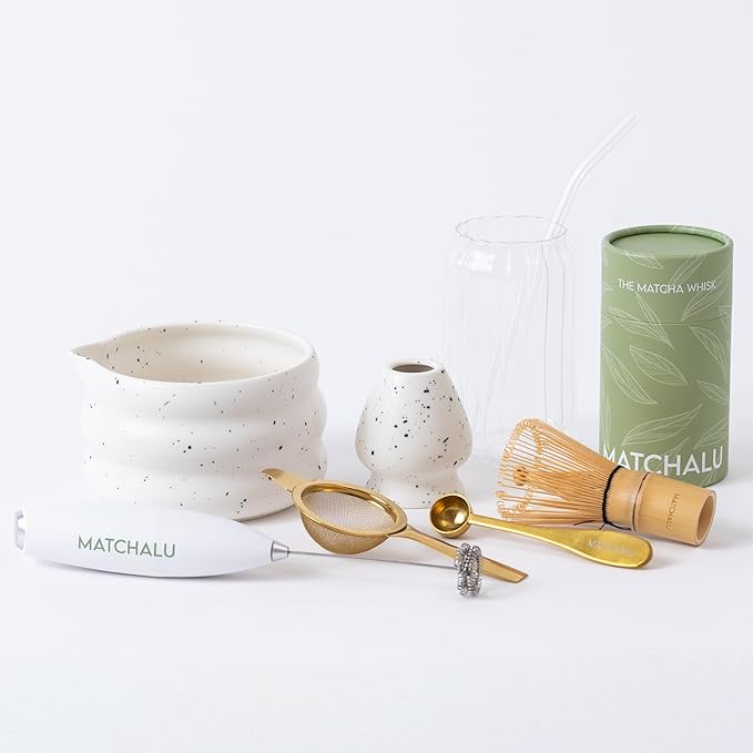 Matcha Whisk Set With Ceramic Matcha Bowl, Bamboo Whisk & Holder, Stainless Steel Spoon & Sifter, Glass Cup & Straw, Electric Frother, Storage Bag - Gift for Matcha Lovers (Premium 9-Piece Set White)