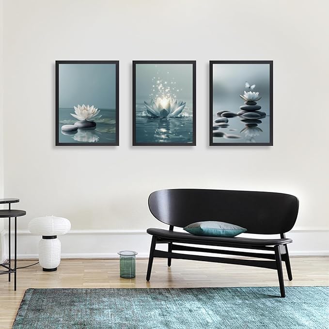 GELDSTEI Calm Zen Botanical Canvas Wall Art, White Lotus Blooming on Stones in Water Aesthetic Pictures, Yoga Spa Meditation Room Decor, Modern Spiritual Poster Prints for Zen Wood Framed 12"x16"x3