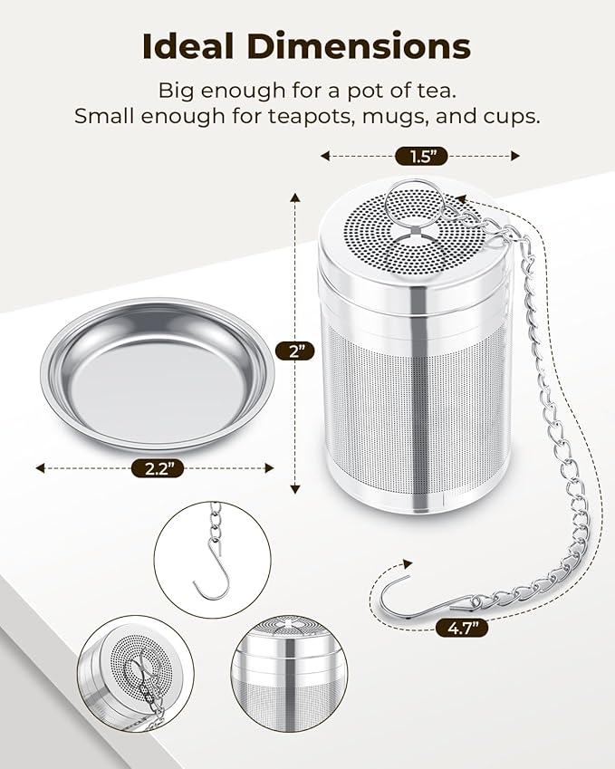 House Again Tea Infusers, Extra Fine Mesh Tea Strainers for Loose Tea, Updated Slim Threaded Lid & 304 Stainless Steel, Loose Leaf Tea Steeper for Brew Tea Spices & Seasonings