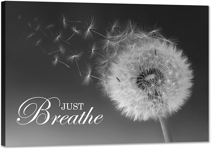 SKASNFAI Just Breathe Wall Art Zen Office Wall Decor Inspirational Yoga Quotes Positive Relax Artwork Picture Black and White Dandelion Posters Print for Meditation Room (28L x 44W)