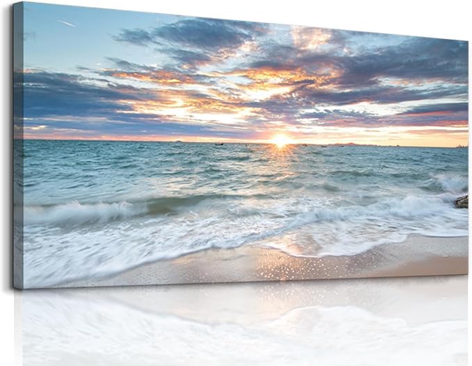 Yxbhhym-Large Canvas Wall Art Beach Artwork for Walls Coastal Wall Décor Seascape Prints Ocean Painting Sunset Picture Waves Sea Landscape Poster Bedroom Wall Art Living Room Office Decorations