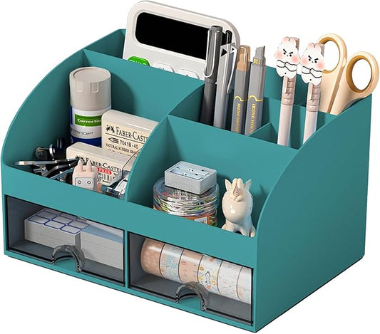 Desk Organizer with 6 Compartments and 2 Drawers, Plastic Makeup Organizer, Pen Holder for Desktop Storage, Desk Organization for School, Home, Office Supplies (Dark Green)