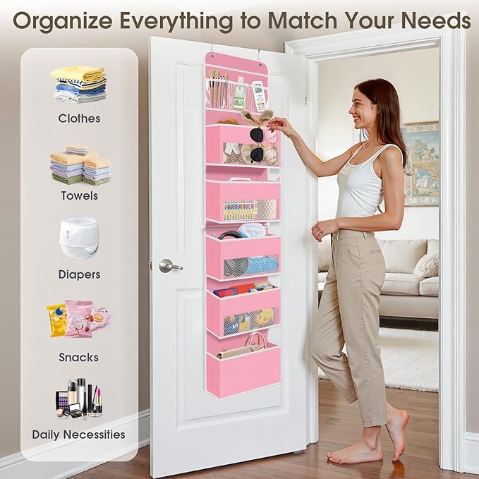 6-Tier Over The Door Organizer Hanging Storage Organizers with Clear Window 40lb Large Capacity Room Organizer for Pantry Bathroom Nursery Closet(Pink)