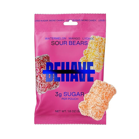 BEHAVE Low Sugar, Low Carb Gummy Candy | Healthy, High in Fiber, Keto & Diabetic Friendly Snack | Non-GMO, Gluten-Free, Dairy-Free, No Artificial Flavors or Sweeteners | Sour Bears, 1.8oz (1-Pack)
