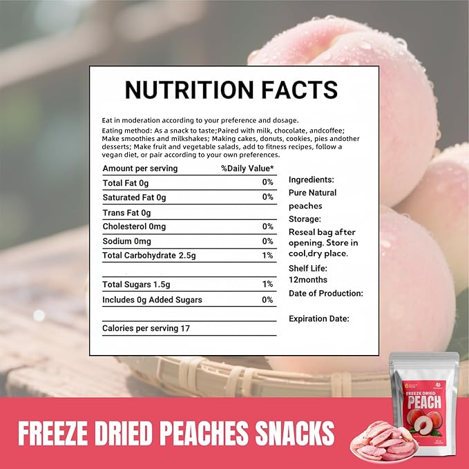 Premium Freeze Dried Peaches Chips，All Natural Dehydrated Fruit Snacks, 110g/3.88oz | No Sugar Added, Vegan & Paleo-Friendly | Add to Smoothies, Baking, Camping & Emergency Kits
