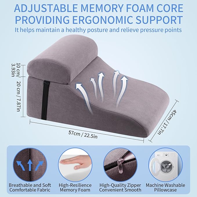 Reading Pillow for Bed Adult, Memory Foam Wedge Pillow Headboard with Adjustable Lumbar Support Backrest Cushion for Sitting in Bed/Resting/Bedrest, Couch or Floor, Gray