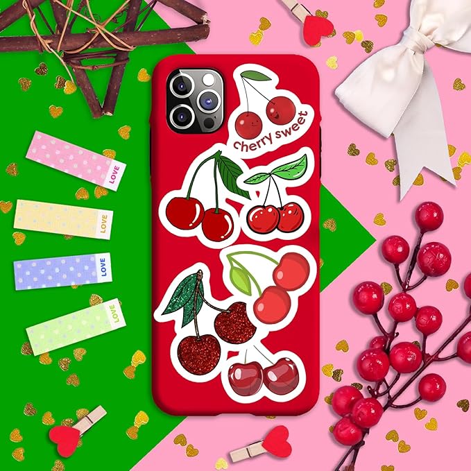 BulbaCraft Cherry Stickers for Water Bottle and Laptop - Fruit Party Favors & Decorations, Waterproof Vinyl Nature Decals, Cute Cherry Stickers Laptop Decals, Gifts for Women & Men