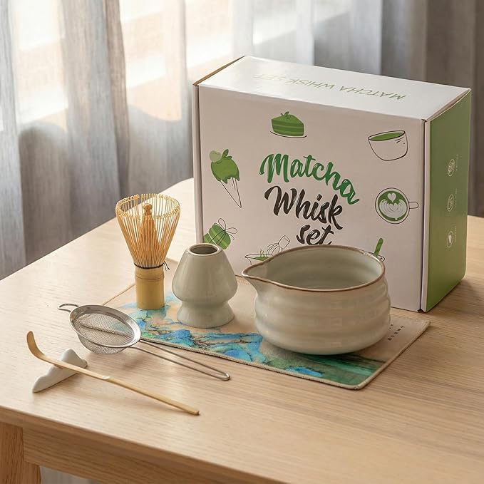 Matcha Whisk Set, Ceramic Matcha Set Includes Matcha Bowl, Matcha Whisk Chasen and Whisk Holder, Sifter, Bamboo Scoop, Scoop Rest and Tea Towel-7 Pcs Matcha Kit for Matcha Lovers, Misty Gray