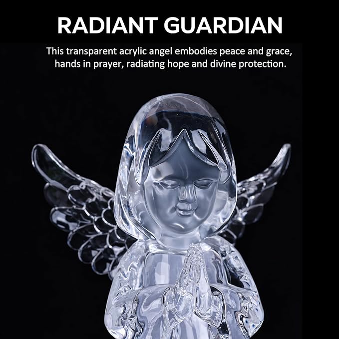 Acrylic Clear Guardian Angel Figurines with LED Light, Crystal Glass Finish Angel Statue, Large Christmas Angels Gifts for Women, Healing Angels Figurines Decorations(Praying)