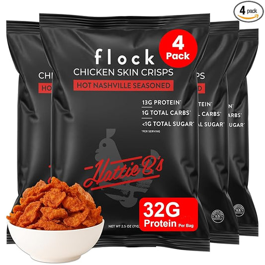 Flock Keto Chicken Skin Chips | Hattie Bs Nashville Hot Flavor | Keto Friendly, Low Carb, High Protein, Flavor Packed, Gluten Free Single Serve Snack | (2.5oz) 4-Pack