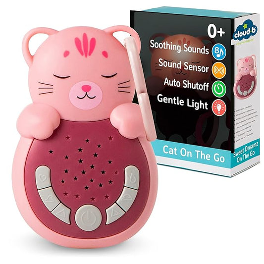 Cloud b Travel Comforting Sound Machine w/Calming Light | 4 White Noise and 4 Lullabies | Re-Activating Smart Sensor | Sweet Dreamz On The Go™ - Cat