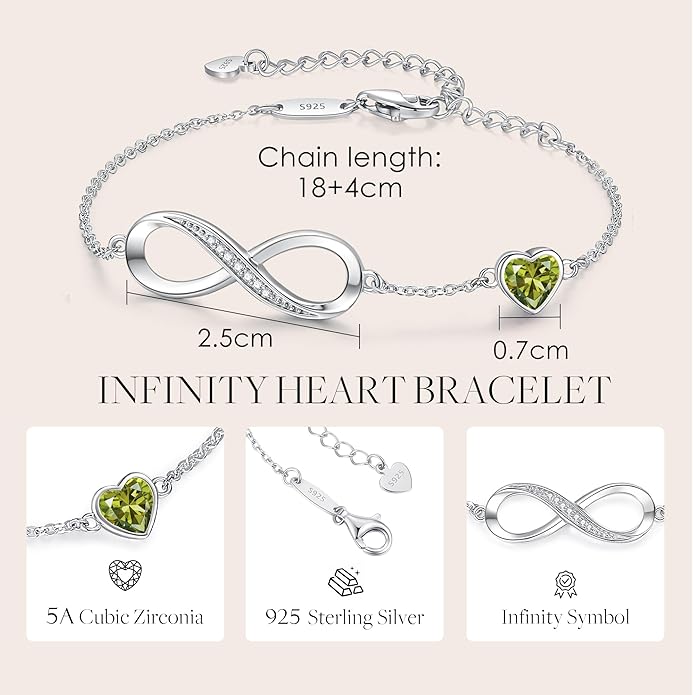 CDE Infinity Heart Birthstone Charm Link Bracelet for Women 925 Sterling Silver Adjustable Mother's Day Gift Anniversary Birthday Jewelry for Wife Girlfriend Her