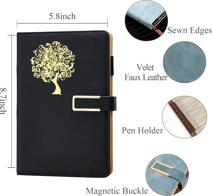 Fanery Sue Tree of Life Journal for Women&Men Refillable Writing A5 Journals for Writing with 200 Pages 100Gsm Paper Lay-Flat Faux Leather Hardcover Notebook with Pen&Magnetic Buckle(Inky Black)