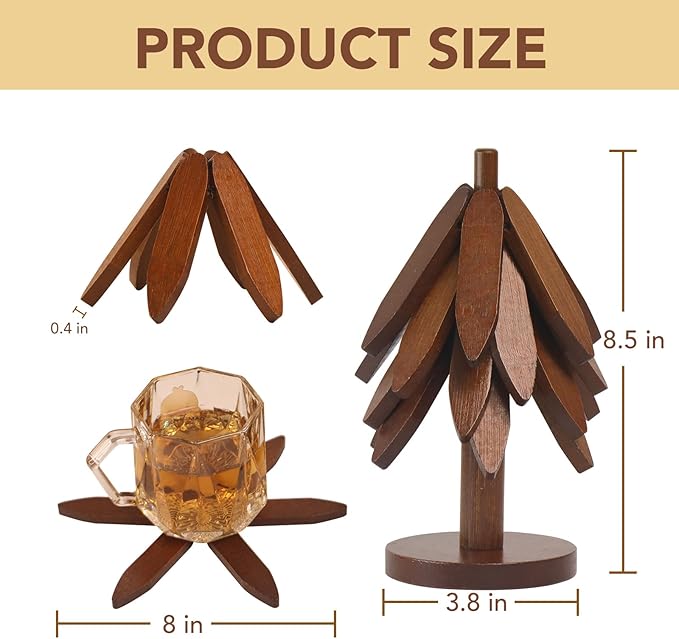 Tree Shape Bamboo TrivetKitchen Decor Tree shaped Holder Beech wood Foldable Design Hot Dishes, Pot, Teapot, Plates, Bowls (Walnut-4)
