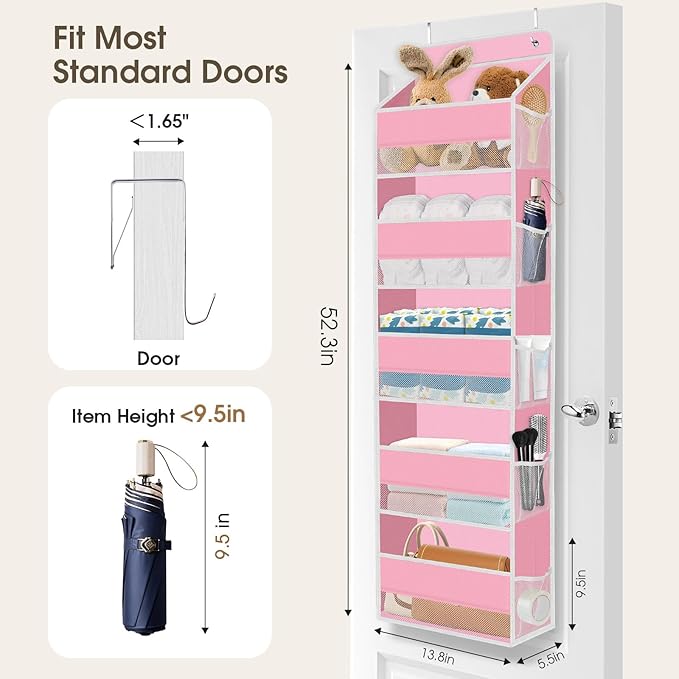 2 Pack Over The Door Organizer Hanging Storage Organizers with Clear Window 40lb Large Capacity Room Organizer for Pantry Laundry Bathroom Nursery Closet(Pink)