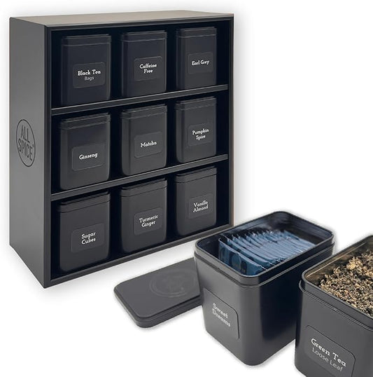 AllSpice Tea Organizer Rack with 9 Tins & 160 Magnetic Labels – Perfect for Bagged & Loose Leaf Tea Organization - Black