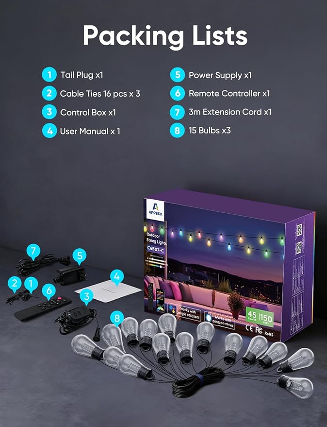 APPECK Smart Outdoor String Lights, 150ft Smart RGBW Outdoor Patio Lights with 45 LED Bulbs, Extendable, 111 Scene Modes, IP65 Waterproof Lighting for Outside, Halloween Decor, Compatible with Alexa