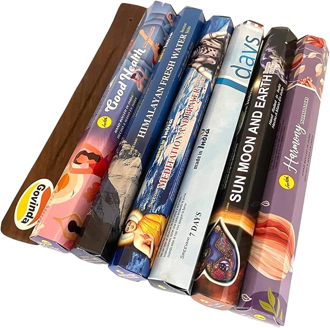 Sreevani Incense Sticks Variety Pack #17 and Incense Stick Holder Bundle Gift Set with 6 Meditation Fragrances