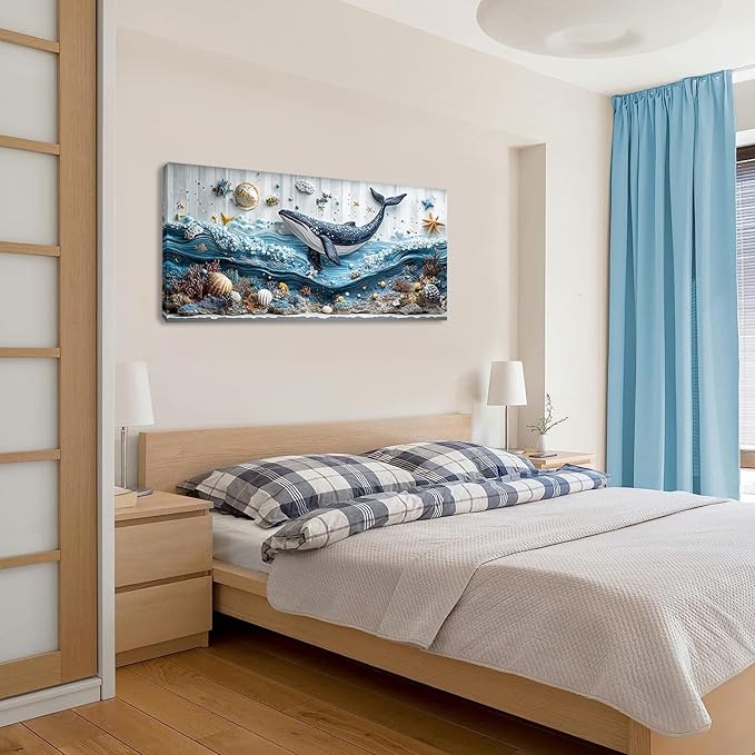 ZESTRILIA Ocean Whale Wall Art for Kids Room Navy Blue Marine Organism Underwater World under the Sea Canvas Painting Prints Artwork Family Living Bedroom Decor (40x20 Inches)