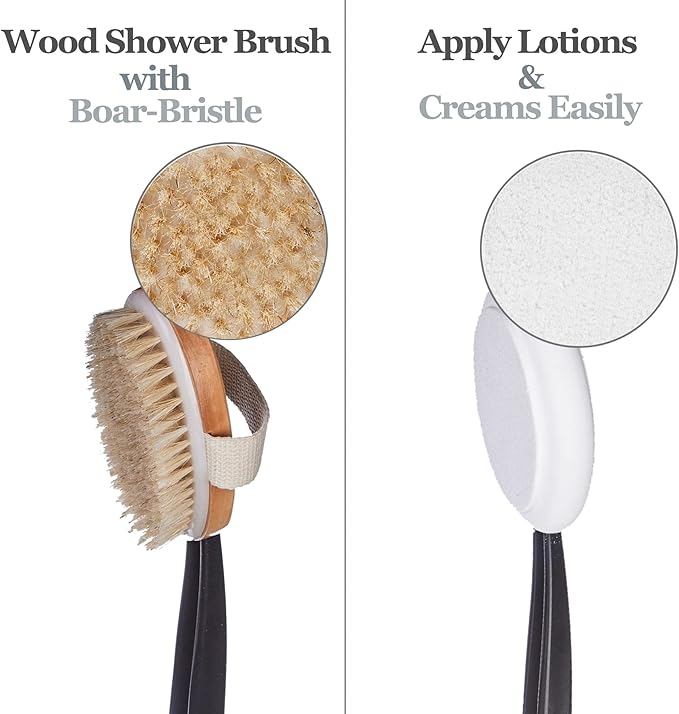 EASACE Long Handle Bath Body Brush & Lotion Applicator for Back Scrubber, Shower Brush with Soft Bristles for Wet or Dry
