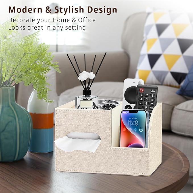 Leather Square Tissue Box Cover with Storage Tray,Cube Tissue Box Holder,Modern Facial Paper Organizer with Remote Control Holder for Bathroom,Vanity Countertop,End Table NightStand Home Office.Beige
