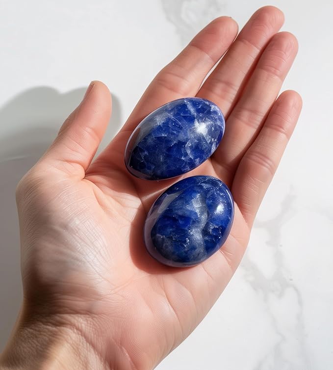 Polished Sodalite Crystal Stones - 2 Pcs of 1.2" Worry Stone for Anxiety, Pocket Palm Stone Super Large Handpicked Natural Tumbled Gemstones for Meditation, Reiki, Chakra Healing, Home Decor