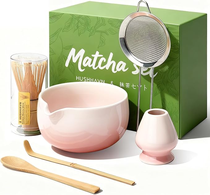 Matcha Whisk Set, Ceramic Matcha Set Includes Bowl & Holder, Bamboo Whisk (Chasen), Scoop, Spoon and Sifter, 6PCS Matcha Kit Covers Everything Needed for Making Matcha (Pink)
