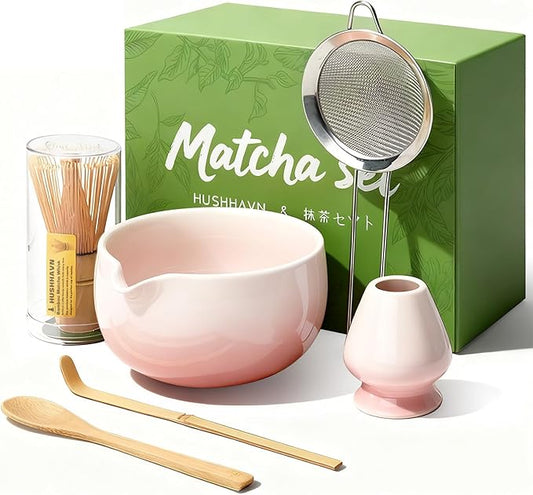 Matcha Whisk Set, Ceramic Matcha Set Includes Bowl & Holder, Bamboo Whisk (Chasen), Scoop, Spoon and Sifter, 6PCS Matcha Kit Covers Everything Needed for Making Matcha (Pink)
