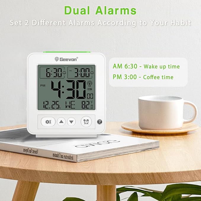 Geevon Small Digital Atomic Alarm Clock for Bedroom, Travel Table Clock with Auto/8s Backlight, 2 Alarm, Temperature, Desk Clock Battery Operated for Deep Sleepers Kids Elderly Home Office, White