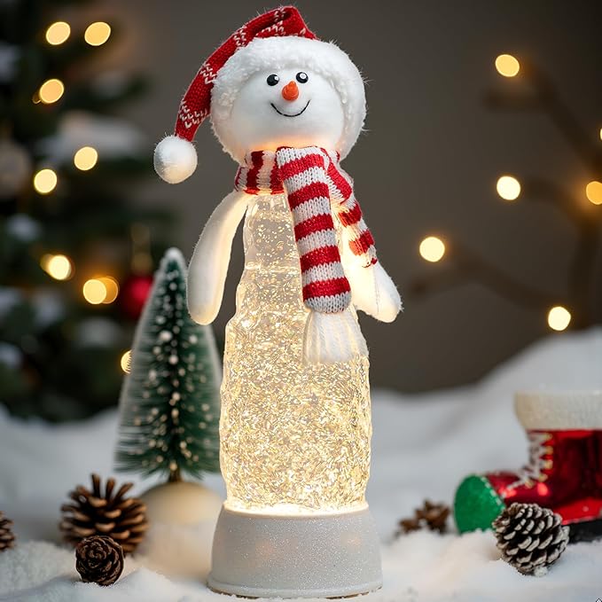 Christmas Snowman Decorations, Lighted Snowman Plush Swirling Glitter Musical Christmas Snow Globe Water Lantern for Table Mantel Desk Fireplace Home Holiday Decor