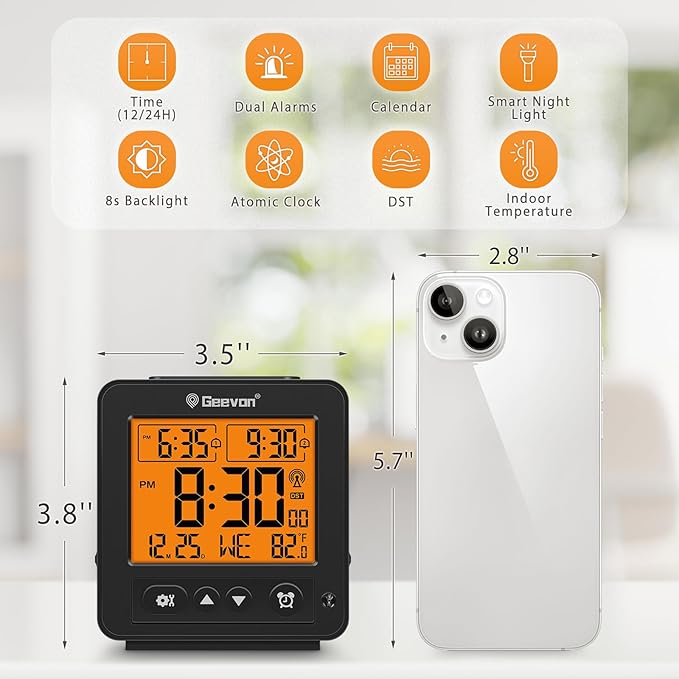 Geevon Small Digital Atomic Alarm Clock for Bedroom, Travel Table Clock with Auto/8s Backlight, 2 Alarm, Temperature, Desk Clock Battery Operated for Deep Sleepers Kids Elderly Home Office, Black