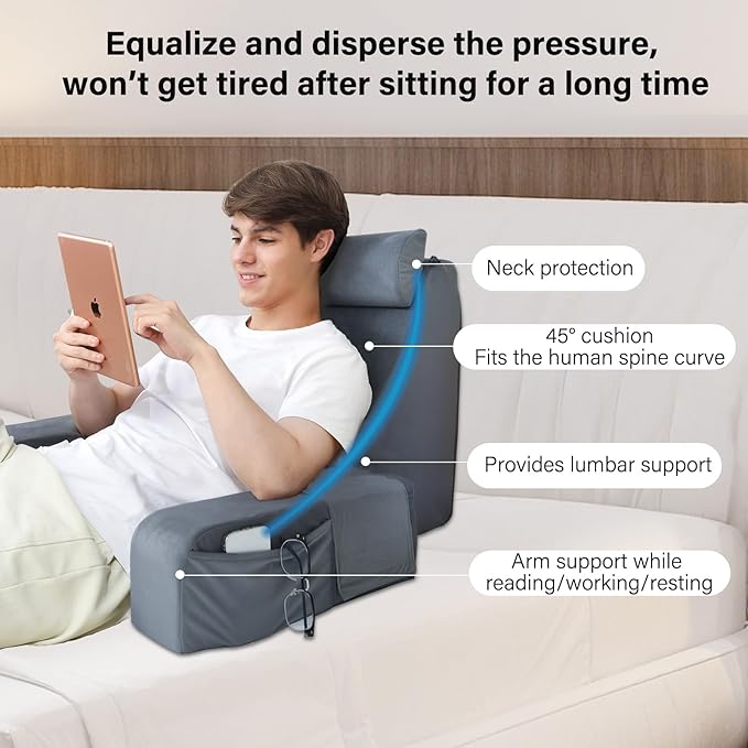 ENITYA Reading Pillow with Arms for Bed Support, 21" Large Back Support Pillow for Sitting up, Wedge Pillow for Reclining, Watching TV, Reading, Gaming, Resting in Bed, Couch or Floor, Grey