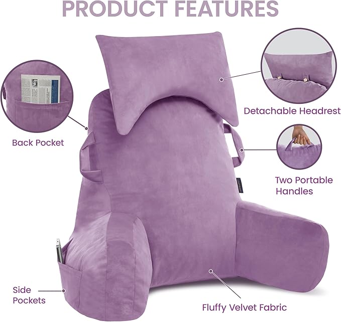 Portable Reading Pillows with Headrest for Bed Sitting Up(Lavender Purple Oeko-Tex), Velvet Back Pillow with Arms & Pockets for Adults, Support Memory Foam Bed Pillow for Dorm/Reading/Gaming