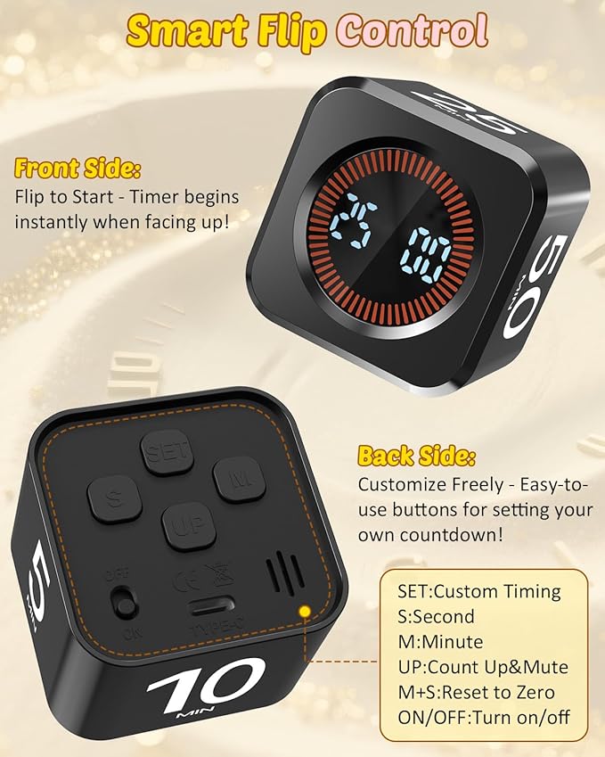 Pomodoro Timer Cube Visual Productivity Flip Timer for Kids Classroom Desk, 5/10/25/50min& Custom Countdown, Silent&Sound Mode Digital Cube for ADHD Study Work School Game Kitchen (Black)