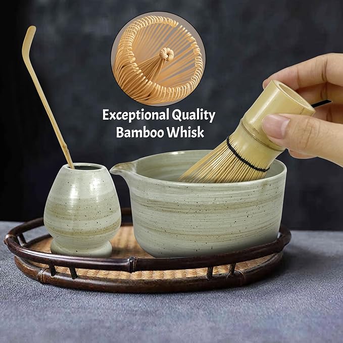 Matcha Whisk Set 6 pc Kit - Traditional Japanese Chasen, Bamboo Whisk Holder, Ceramic Bowl with Spout, Sifter & 2 pc Spoons - matcha kit set, Gift for Matcha Tea Lovers(Gray)