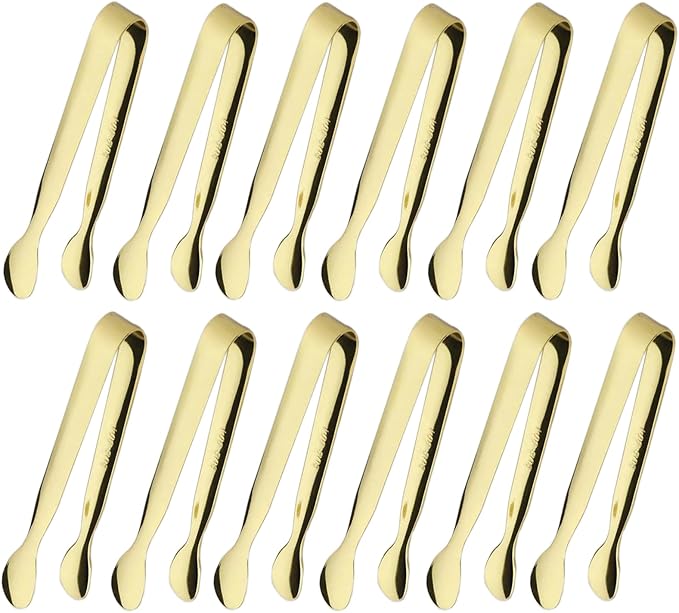 12PCS Ice Tongs Mini Sugar Tong 4.25Inch Stainless Steel Small Serving Tongs, Small Kitchen Tongs for Appetizers,Tea Party, Coffee Bar, Desserts (Gold 12pcs)
