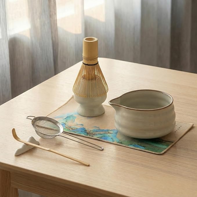 Matcha Whisk Set, Ceramic Matcha Set Includes Matcha Bowl, Matcha Whisk Chasen and Whisk Holder, Sifter, Bamboo Scoop, Scoop Rest and Tea Towel-7 Pcs Matcha Kit for Matcha Lovers, Misty Gray
