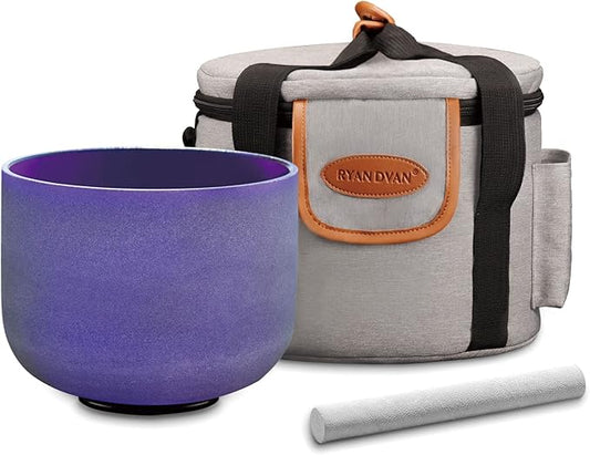 RYAN DVAN 8” B Note Purple Frosted Crown Chakra Crystal Singing Bowl with Free Heavy-Duty Carrying Case and Suede Striker O-Ring