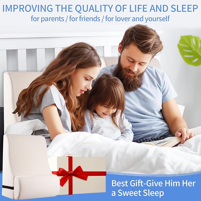 Reading Pillow for Bed Adult, Memory Foam Wedge Pillow Headboard with Adjustable Lumbar Support Backrest Cushion for Sitting in Bed/Resting/Bedrest, Couch or Floor, Beige